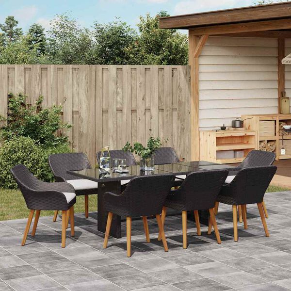vidaXL Garden Dining Set with Cushion 9 pcs Black Poly Rattan