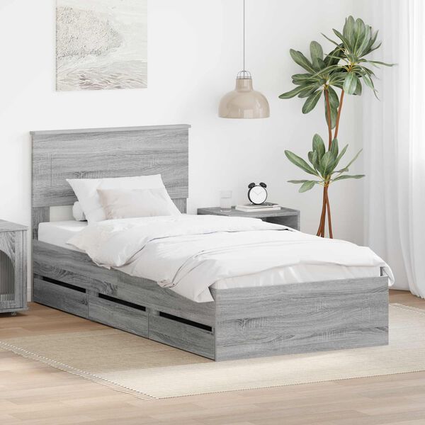 vidaXL Bed Frame with Drawer Grey Sonoma 75 x 190 cm Engineer Wood