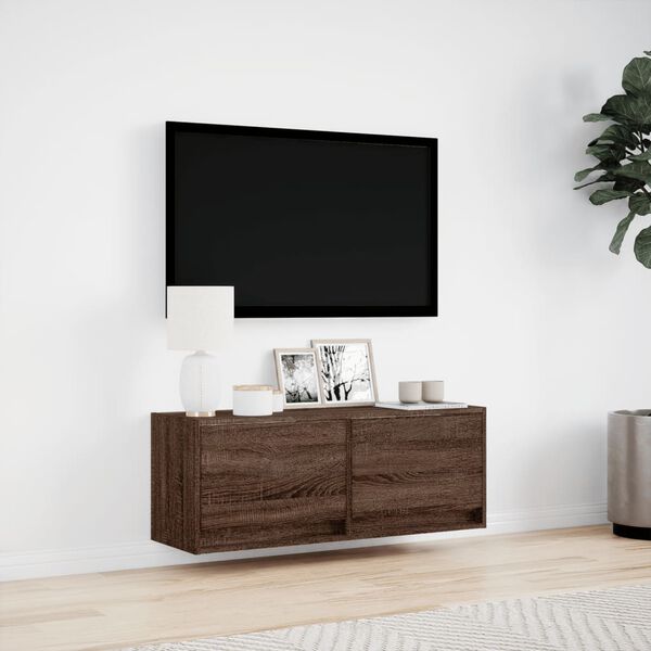 vidaXL TV Wall Cabinet with LED Lights Brown Oak 100x31x35 cm