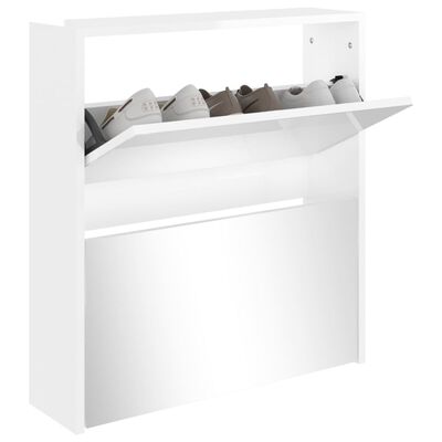 vidaXL Shoe Cabinet with Mirror 2-Layer High Gloss White 63x17x67 cm