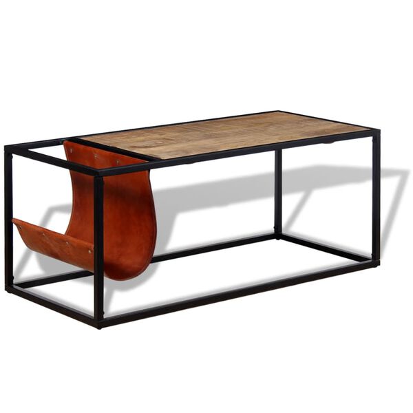 vidaXL Coffee Table with Genuine Leather Magazine Holder 110x50x45 cm
