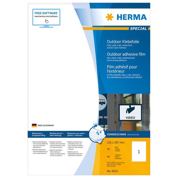 HERMA Weatherproof Outdoor Film Labels A4 210x297 mm 40 Sheets White