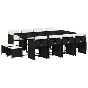 vidaXL 13 Piece Garden Dining Set with Cushions Black Poly Rattan