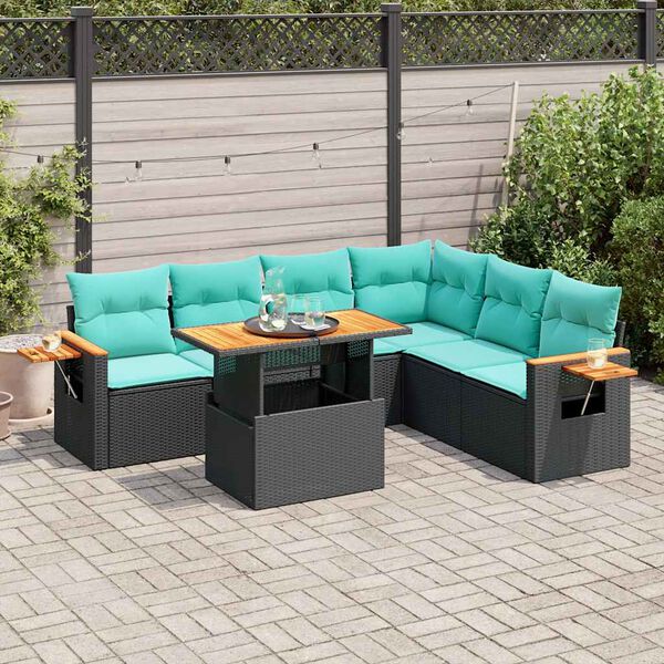 vidaXL 7 Piece Garden Sofa Set with Cushions Black Poly Rattan Acacia