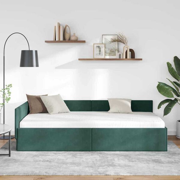 vidaXL Corner Bed Frame Dark Green 90 cm x 190 cm Velvet