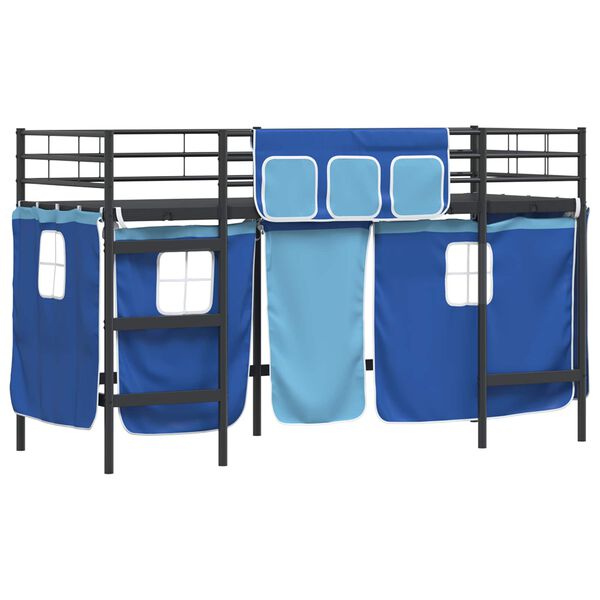 vidaXL Kids'Loft Bed Frame with Curtains Black and Blue 74.5 x 190 cm