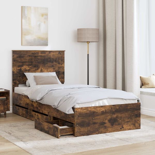 vidaXL Bed Frame with Drawer Smoked Oak 90 x 190 cm Engineer Wood
