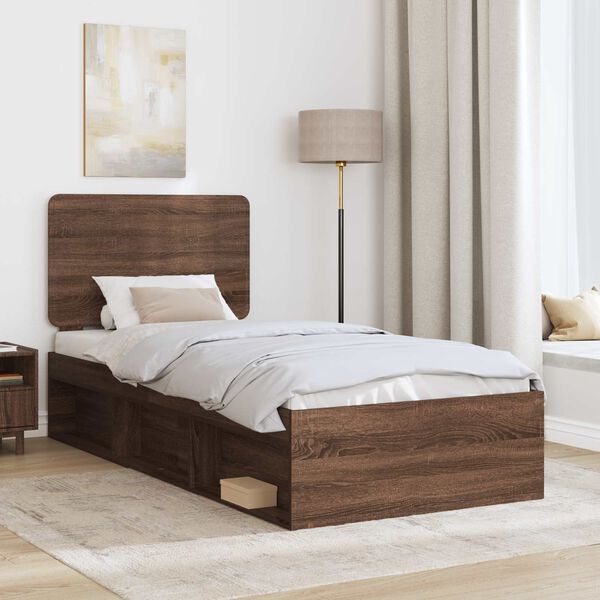 vidaXL Bed Frame with Headboard Brown Oak 90 x 200 cm Solid Pine Wood