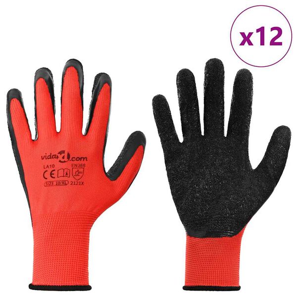 vidaXL Work Gloves 12 pcs Red and Black 10 / XL Latex Coating