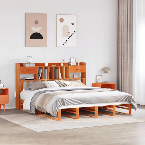 vidaXL Bookcase Bed without Mattress Wax Brown 200x200 cm Solid Wood Pine
