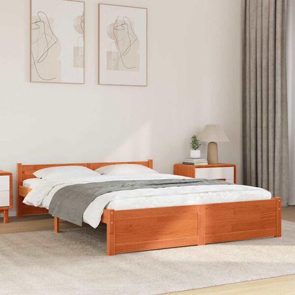 vidaXL Bed Frame with Headboard Wax brown 160 x 200 cm Solid pine wood