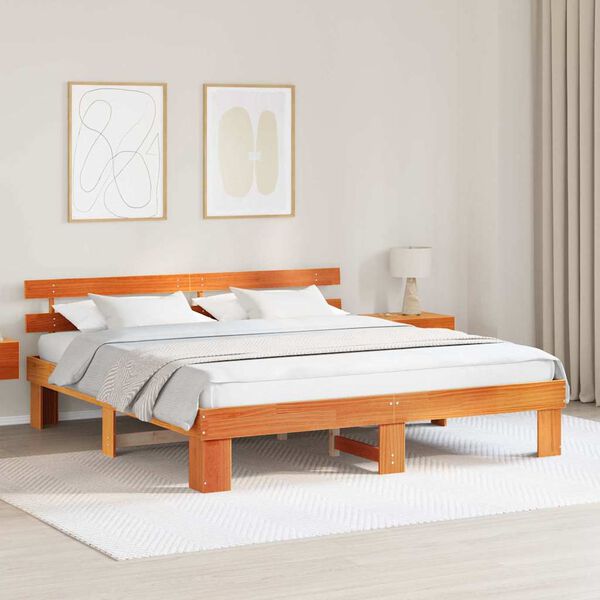 vidaXL Bed Frame with Headboard Wax Brown 180 x 200 cm Solid Pine Wood