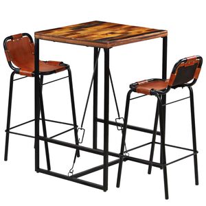 vidaXL Bar Set 3 Pieces Solid Reclaimed Wood and Genuine Goat Leather