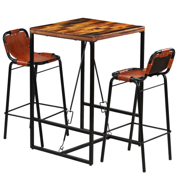 vidaXL Bar Set 3 Pieces Solid Reclaimed Wood and Genuine Goat Leather