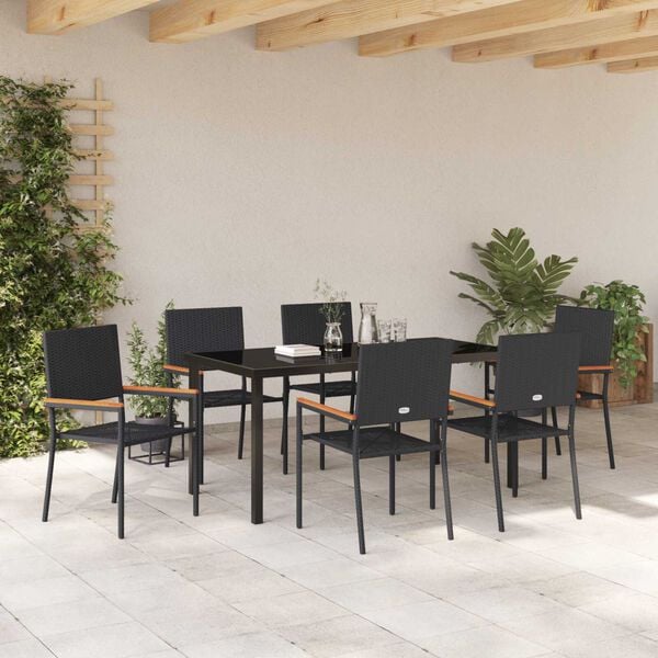 vidaXL Garden Dining Set with Cushion 7 pcs Black Poly Rattan