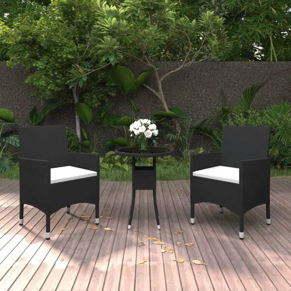 vidaXL 3 Piece Garden Bistro Set Poly Rattan and Tempered Glass Black
