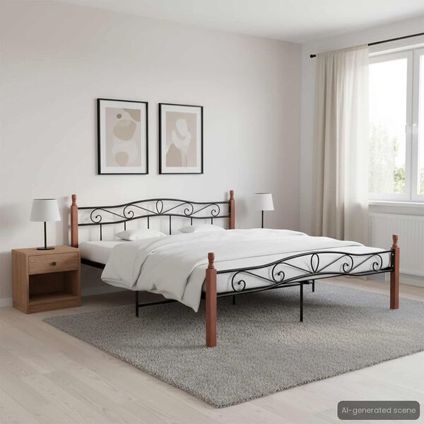 vidaXL Bed Frame without Mattress Black Metal&Solid Oak Wood 200x200 cm