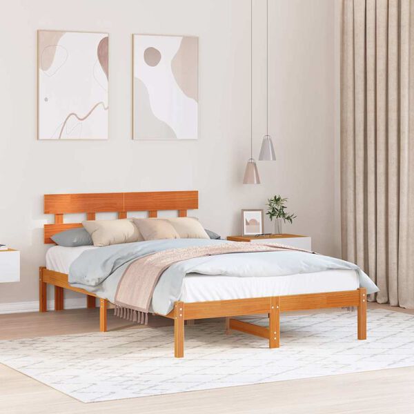 vidaXL Bed Frame with Headboard Brown 140 x 190 cm Solid Pine wood