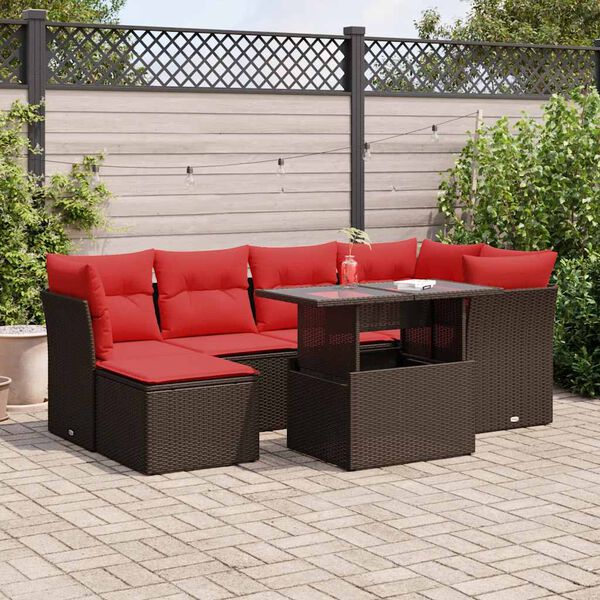 vidaXL 7 Piece Garden Sofa Set with Cushions Brown Poly Rattan Acacia
