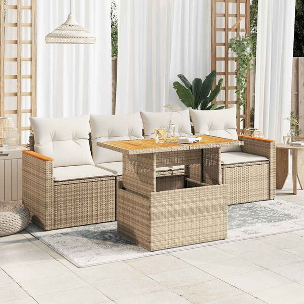 vidaXL 5 Piece Garden Sofa Set with Cushions Beige Poly Rattan Acacia