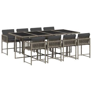 vidaXL 9 Piece Garden Dining Set with Cushions Grey Poly Rattan