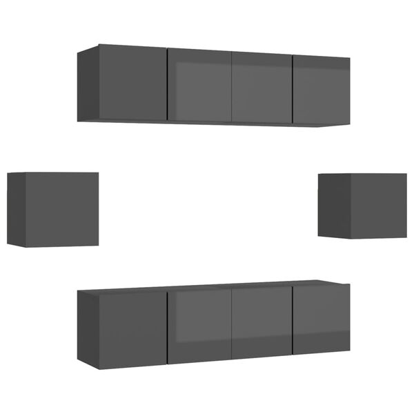 vidaXL 6 Piece TV Cabinet Set High Gloss Grey Engineered Wood