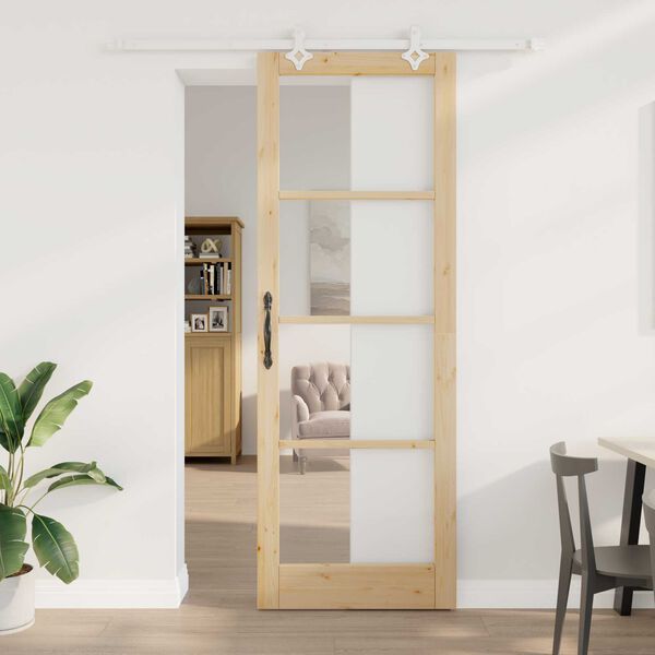 vidaXL Sliding Door Natural 83 x 232 cm Solid Pine Wood and Glass