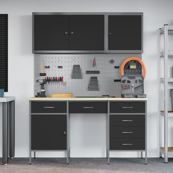 vidaXL Work Cabinet with Drawer 8 pcs Black Engineered Wood and Steel