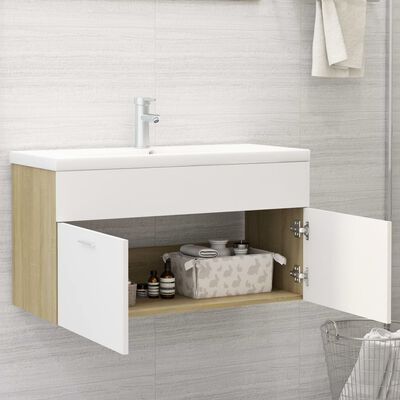 vidaXL Sink Cabinet White and Sonoma Oak 90x38.5x46 cm Engineered Wood