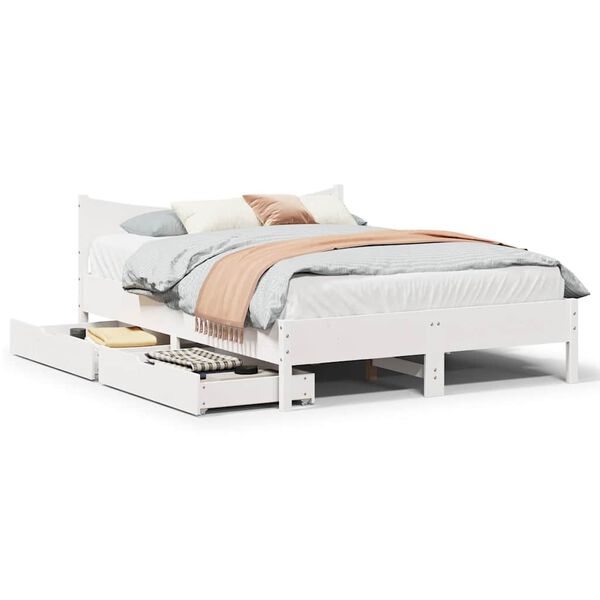 vidaXL Bed Frame with Drawers White 120x190 cm Small Double Solid Wood Pine