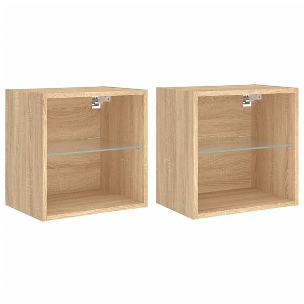 vidaXL Bedside Cabinets with LED Lights Wall-mounted 2 pcs Sonoma Oak