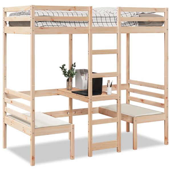 vidaXL Loft Bed Frame with Desk and Chairs 90x190cm Solid Wood Pine
