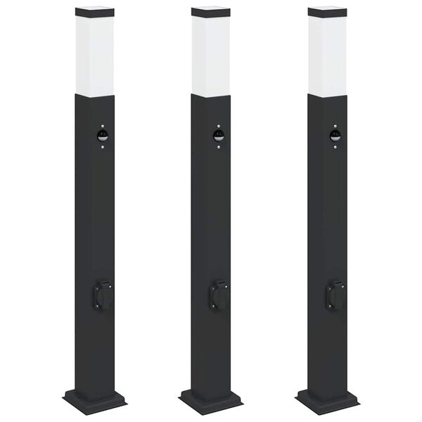 vidaXL Bollard Lights with Sensor&Outlet 3 pcs 80 cm Black IP44