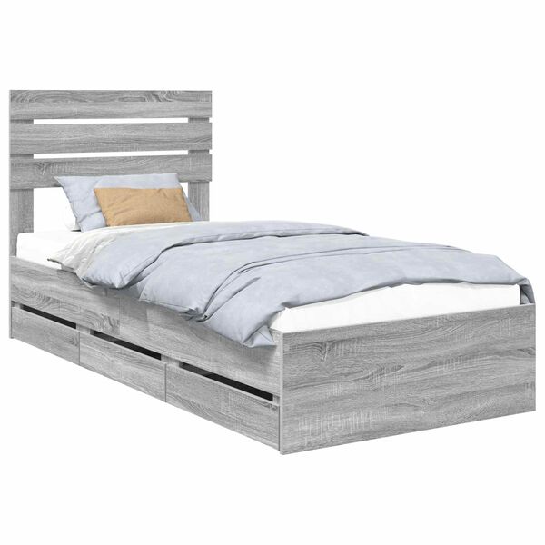 vidaXL Bed Frame with Drawer Grey Sonoma 90 x 200 cm Engineer Wood