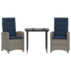 vidaXL 3 Piece Garden Dining Set with Cushions Grey Poly Rattan