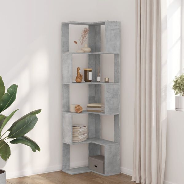 vidaXL Corner Bookcase 5-Tier Concrete Grey 50x50x179 cm Engineered Wood