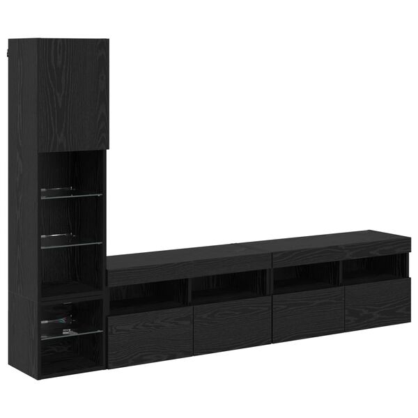 vidaXL TV Wall Unit with LED 4 pcs Black Oak Engineered Wood