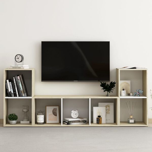 vidaXL 3 Piece TV Cabinet Set White and Sonoma Oak Engineered Wood