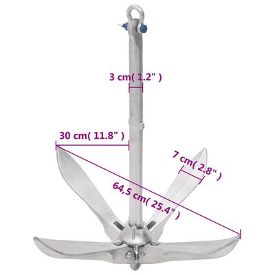 vidaXL Folding Anchor with Rope Silver 12 kg Malleable Iron
