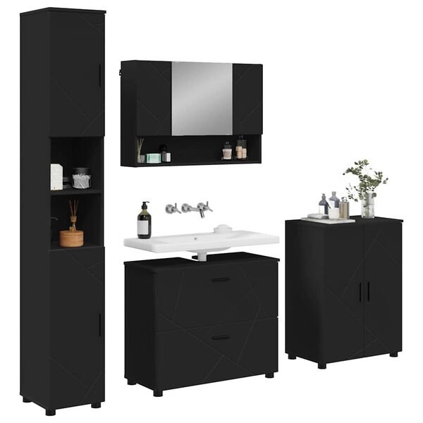 vidaXL Bathroom Furniture Set 4 pcs Black Engineered Wood and Metal