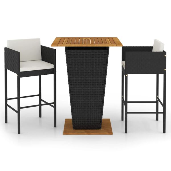 vidaXL 3 Piece Garden Bar Set with Cushions Poly Rattan Black