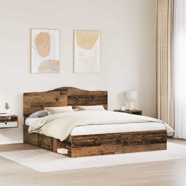 vidaXL Bed Frame with Headboard Old Wood 200 x 200 cm Solid Pine Wood