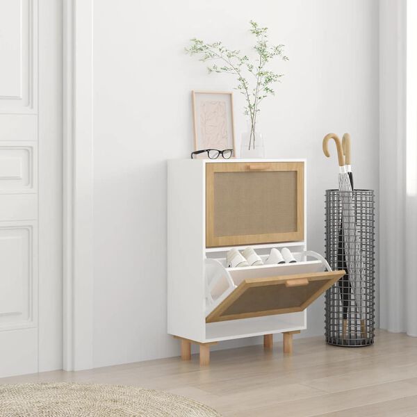 vidaXL Shoe Cabinet White 52x25x80 cm Engineered Wood&Natural Rattan
