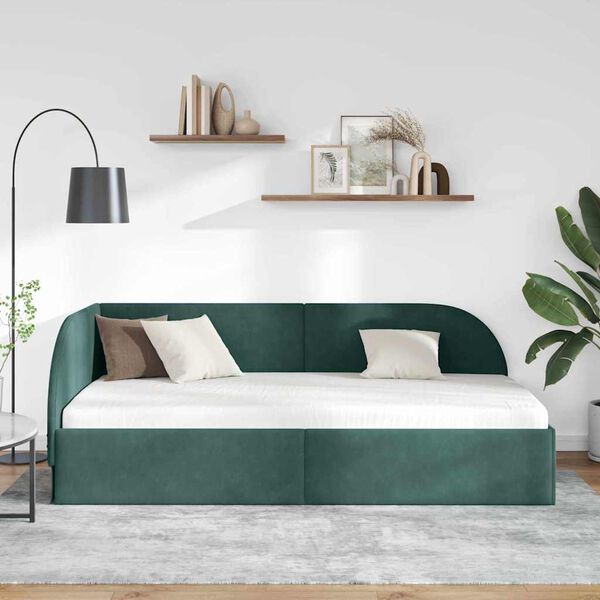 vidaXL Corner Bed Frame Dark Green 90 cm x 190 cm Velvet
