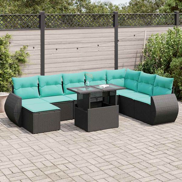 vidaXL 9 Piece Garden Sofa Set with Cushions Black Poly Rattan Acacia