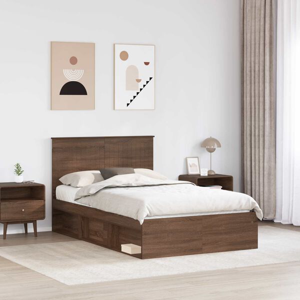 vidaXL Bed Frame with Headboard Brown Oak 120 x 190 cm Solid Pine Wood