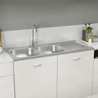 vidaXL Kitchen Sink with Double Sinks Silver 1200x600x155 mm Stainless Steel