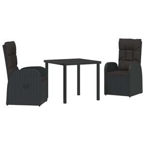vidaXL Garden Dining Set with Cushion 3 pcs Black Poly Rattan