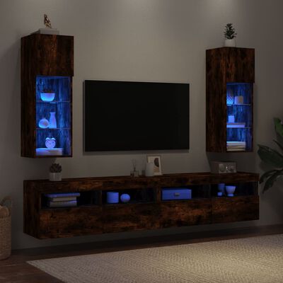 vidaXL TV Cabinets with LED Lights 2 pcs Smoked Oak 30.5x30x90 cm
