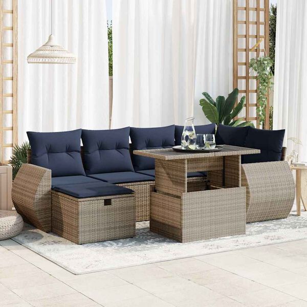 vidaXL 7 Piece Garden Sofa Set with Cushions Grey Poly Rattan Acacia